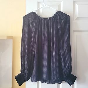 Black monochrome square pattern  long sleeve  blouse with tie neck.